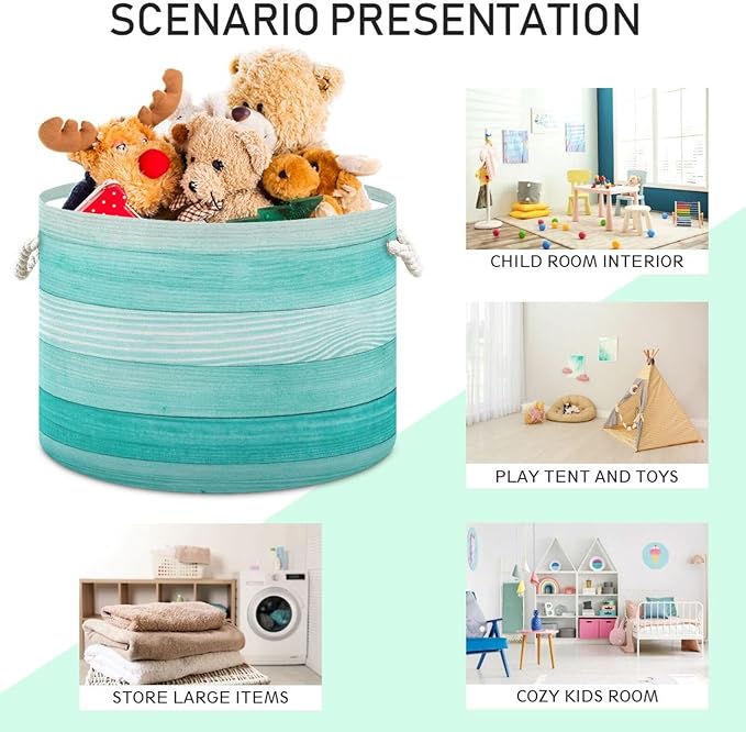 xigua Large Storage Basket Cotton Rope Basket Teal Mint Green Wood Baby Laundry Basket for Blankets Toys Storage Basket Laundry Hamper