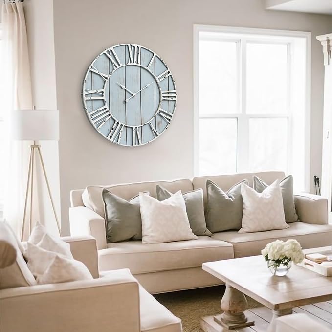 Large Farmhouse Wall Clock 24 Inch Vintage Blue Wooden Wall Clock with Quiet Ticking and Minimalist Roman Numerals for Bedroom Living Room Office Kitchen Home Decor, Battery Operated