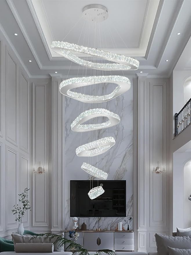 Modern Crystal Chandeliers for High Ceiling 6 Ring Chandelier LED Silver Ceiling Lights Fixtures High Ceiling Chandelier for Foyer Staircase Living Room Dining Room 2700K-6000K