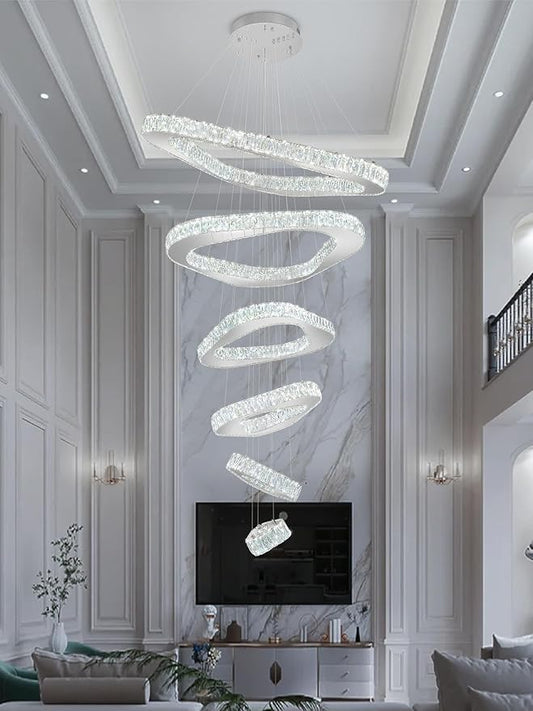 Modern Crystal Chandeliers for High Ceiling 6 Ring Chandelier LED Silver Ceiling Lights Fixtures High Ceiling Chandelier for Foyer Staircase Living Room Dining Room 2700K-6000K