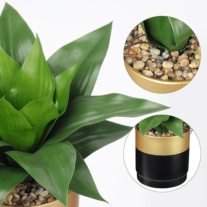 Briful Agave Artificial Wide Leaf Plant in Black and Gold Pot – 10.2” Tall Faux Greenery with Plastic Leaves & Pebble Base, Fake Plants for Indoor Table Decor, Desk, Shelf, Office or Bathroom
