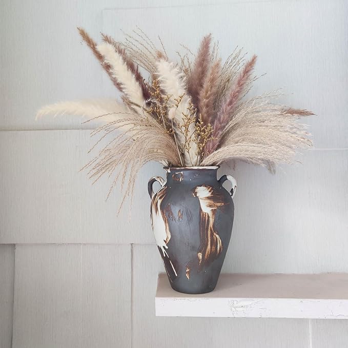 Black Pottery Vase - 10" Rustic Farmhouse vase, Vintage Weathered Terracotta Vases, Handmade Clay vases with Two Handles, Tall Textured Antique Vase for Home Decor, Entryway, Fireplace Mantel Decor