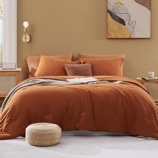 WRENSONGE Oversized Queen Comforter Set - 7 Pieces Burnt Orange Bed in a Bag Queen with Sheets, 2 Pillow Shams, and 2 Pillowcases- Warm Bedding Sets Queen for All Season