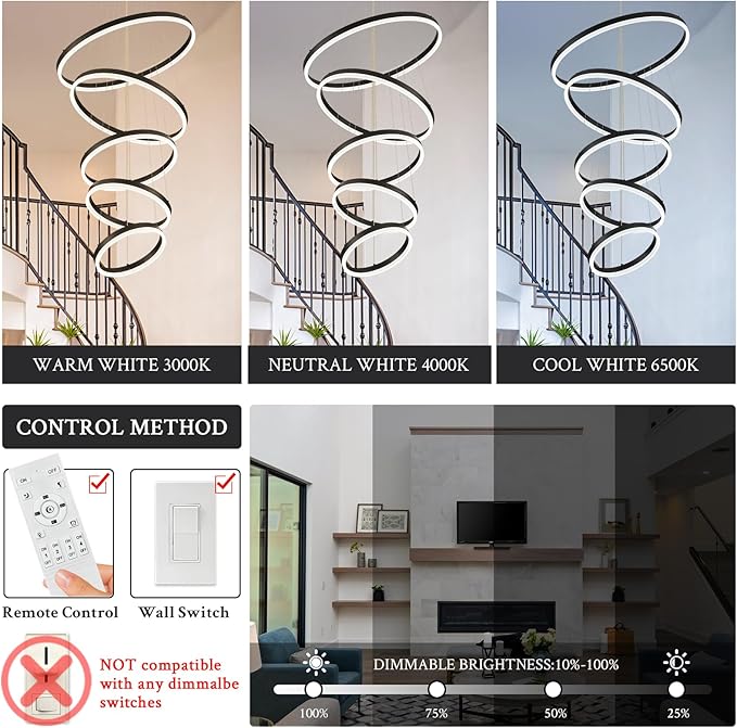 Modern LED Chandelier for Foyer Dimmable Black High Ceiling Chandeliers Foyer with Remote Control for Entryway Dining Room Living Room Staircase, 3000K-6500K(5-Rings D23.6’’)