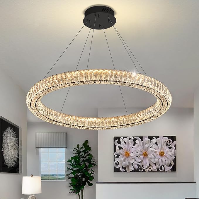 Modern Crystal Chandelier Dimmable LED 39.4" Ring Pendant Light Adjustable Black Round Crystal Chandelier Light Fixtures for Dining Room Living Room