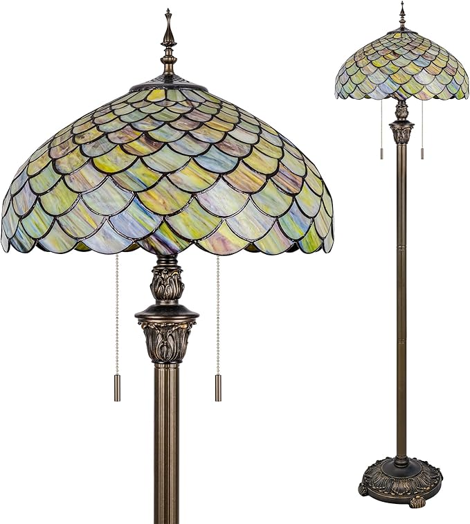 Tiffany Floor Lamp Green Wisteria Style Stained Glass Standing Reading Light 16x16x64 Inch Retro Inspired Pole Corner Lighting Art Decor for Bedroom Living Room Home Office (Green Fishscale)