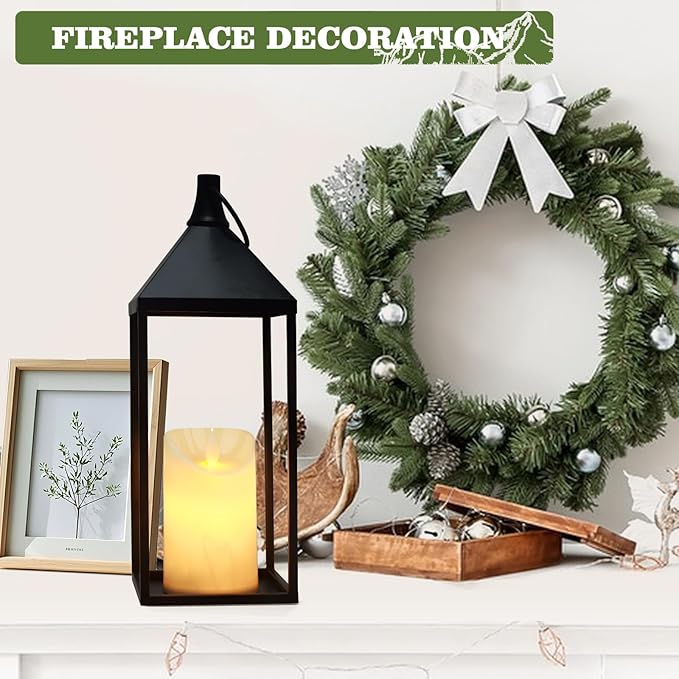 17" 13" Modern Farmhouse Candle Lantern Decor Set of 2 Black Metal Candle Lanterns with Flameless Candles, Lanterns Decorative Indoor for Fireplace Mantle Table Outdoor Lanterns for Patio Porch Garden