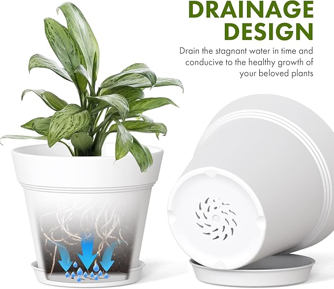 6 Inch Thick Plastic Plant Pots with Drainage Holes and Trays – 6 Pack Nursery Pots for Indoor & Outdoor House Plants, Seedling Starter Planters for Garden Flowers, White