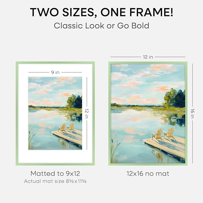 Homeforia 12x16 Sage Green Picture Frame, High End Metal 12x16 Poster Frames with Mat 9x12 Photo, 12 x 16 Sage Green Frame Matted to 9 by 12 Art, 16x12 Thin Frames, Tempered Glass, Wall Kit, Set of 1