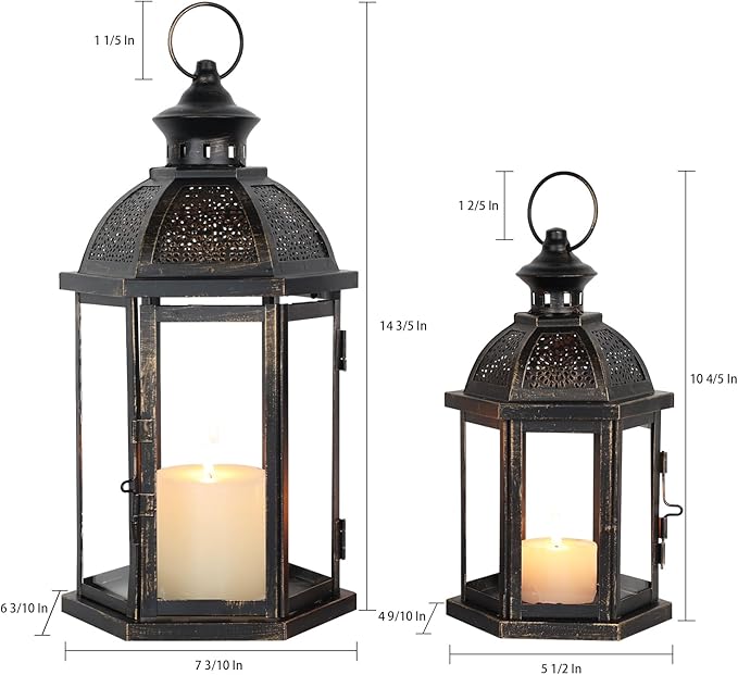 DECORKEY Large Lantern Decorative Outdoor & Indoor, Set of 2 (15’’&11’’) Metal Candle Lanterns Decor, Vintage Hanging Candle Holder for Front Porch Patio Wedding Farmhouse Home, Spring Decoration