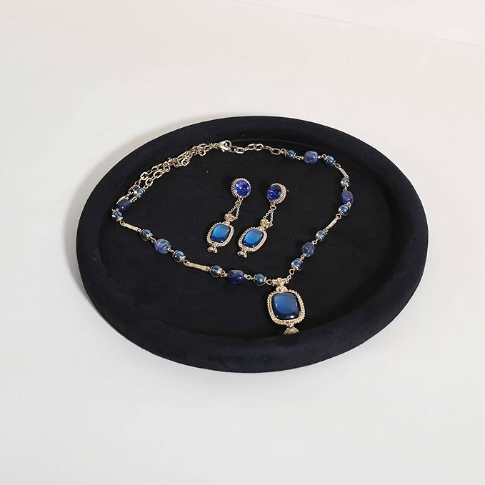 GemeShou Round Jewelry Organizer plate, Top Microfiber velvet Jewerly display tray, Empty Jewelry showcase tray for Necklace Bracelet Ring Earring display stand holder (Black-Large, 9.8 x 9.8 in)
