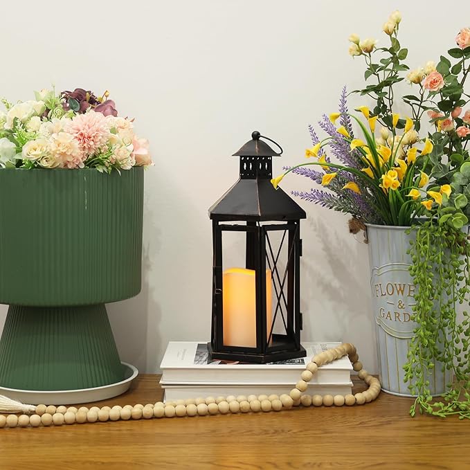 DECORKEY LED Lantern Decorative Indoor & Outdoor, 14" Vintage Hanging Lantern Holder for Porch with LED Candle Large Metal Outdoor Lantern for Patio, Front Porch, Christmas, Spring