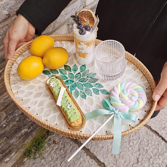 I-LAN 15 Inch Oval Rattan Woven Basket Tray with Beige Green MOP Wooden Base, Boho Wicker Coffee Table Serving Basket Décor with 1.2 Inch Wall, Handmade Display Basket for Countertop, L