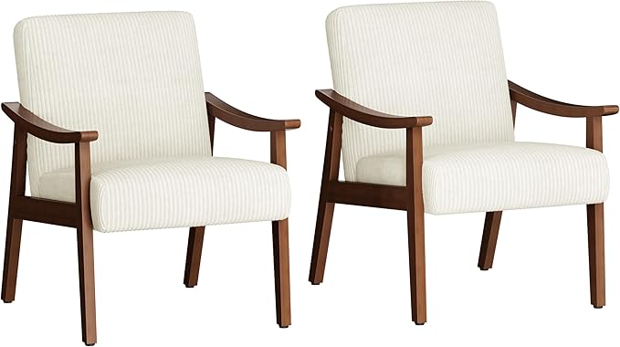 Yaheetech Corduroy Accent Chair, Mid-Century Modern Armchair with Solid Wood Legs, Reading Leisure Chair with High Back for Living Room Bedroom Waiting Room, Set of 2, Beige