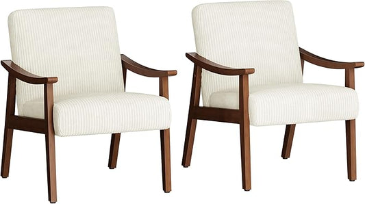 Yaheetech Corduroy Accent Chair, Mid-Century Modern Armchair with Solid Wood Legs, Reading Leisure Chair with High Back for Living Room Bedroom Waiting Room, Set of 2, Beige