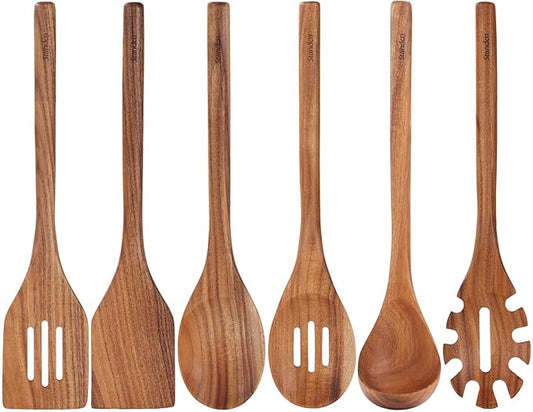 Acacia Wood Utensils Set - 6 Piece Handmade Wooden Spoons for Cooking, Natural Acacia Wood Kitchen Utensils for Non-stick Cookware, Turner, Serving Spoon, Slotted Spoon, Soup Ladle, Spaghetti