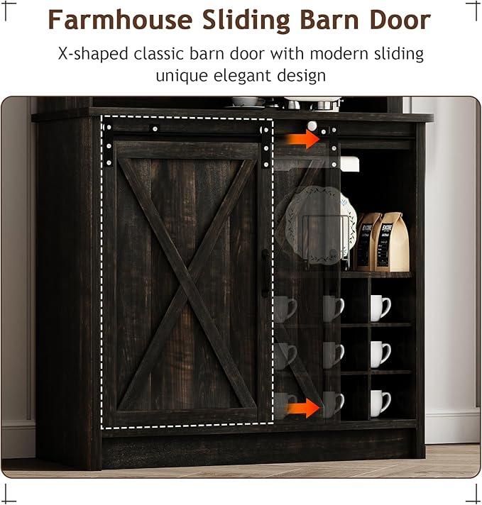 4ever2buy Farmhouse Coffee Bar Cabinet with Sliding Barn Door, 72" Hutch Coffee Bar with Storage, Large Kitchen Buffet Cabinet with Hutch, Tall Bar Cabinet Table for Living Dining Room, Oak