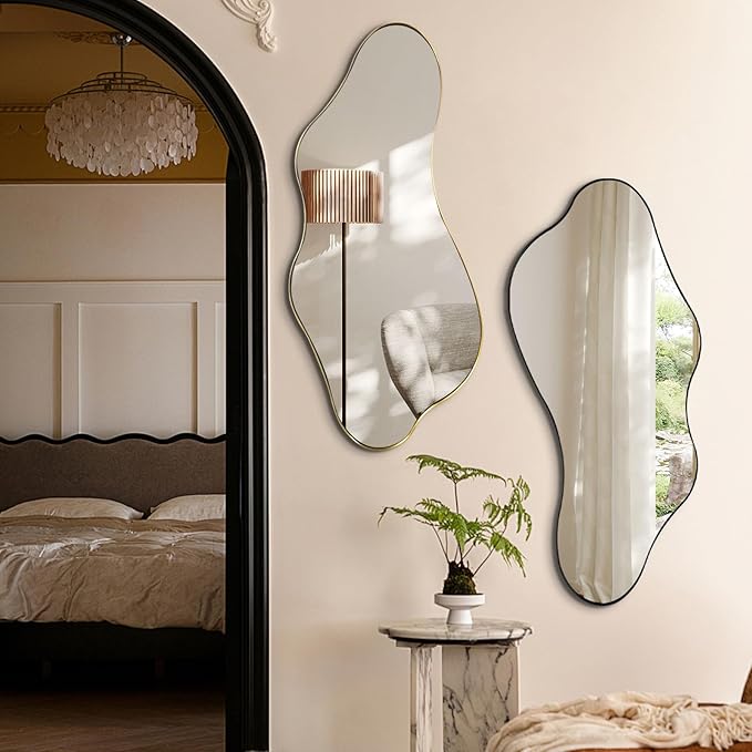 Irregular Mirror, Asymmetrical Wall Mirrors, 40"x18" Wavy Shaped Mirror with Metal Frame, Modern Decorative Abstract Mirrors for Living Room Bathroom Bedroom Hallway Entryway Fireplace