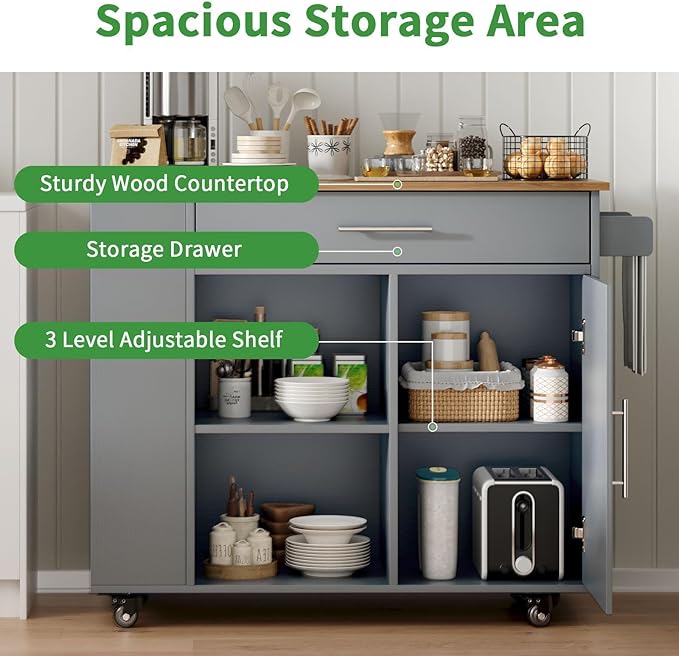 4 EVER WINNER Kitchen Island cart on Wheels with Storage, Kitchen Island with Spice Rack & Towel Rack, Rolling Kitchen Island with Open Shelves, Portable Island with Drawer, Grey