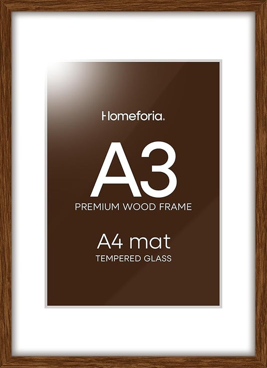 Homeforia A3 Picture Frame Brown Wood, High-End Dark Oak 11.7 x 16.5 Poster Walnut Frames Matted to 8.3 by 11.7 inch Photo, A3 Size Wooden Frame with Mat for A4 Art, Tempered Glass, Wall Kit, Set of 1
