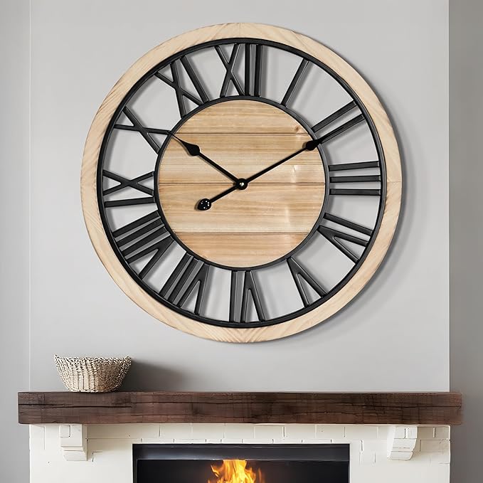 LEIKE 24 Inch Large Wall Clock - Rustic Wooden Silent Non-Ticking Wall Clock with Black Metal Frame, Vintage Farmhouse Decorative for Living Room, Bedroom, Kitchen - Roman Numerals, Modern Design