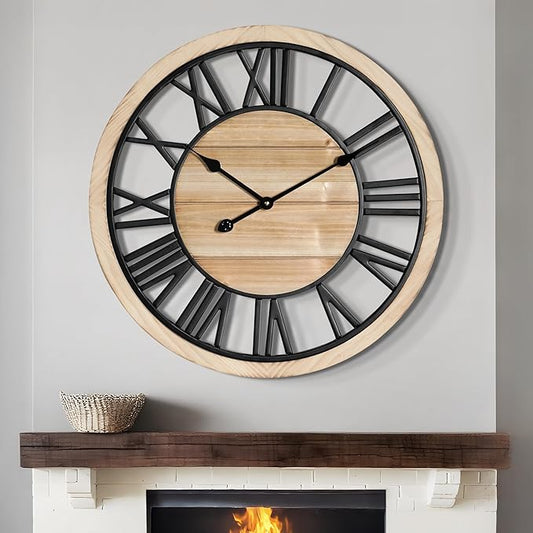 LEIKE 24 Inch Large Wall Clock - Rustic Wooden Silent Non-Ticking Wall Clock with Black Metal Frame, Vintage Farmhouse Decorative for Living Room, Bedroom, Kitchen - Roman Numerals, Modern Design