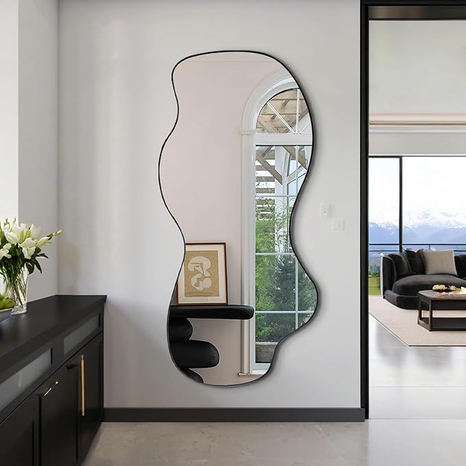 POZINO Irregular Wall Mirror, Asymmetrical Mirrors Decorative, 47.2"x21.6" Large Wavy Shaped Mirror, Modern Frameless Wall Mirrors for Living Room Bathroom Bedroom Hallway Entryway Fireplace