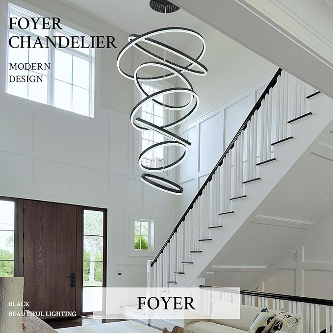 7-Rings D31.5’’ Modern LED Chandelier Black Dimmable High Ceiling Chandeliers Foyer with Remote Control for Staircase Entryway Dining Room Living Room, 3000K-6500K