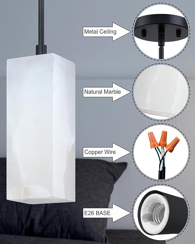 3 Pack 1 Light Square Cylinder Natural Alabaster Marble Modern Industrial Farmhouse Hanging Kitchen Island Pendant Ceiling Light Fixture,Black Finish Over Sink Restaurant bar Corridor
