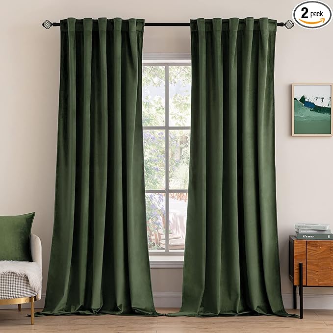 MIULEE Velvet Curtains 92 inches - Luxury Blackout Curtains for Bedroom Living Room Thermal Insulated Super Soft Window Drapes Rod Pocket & Back Tab, Olive Green, W52 x L92 inches, 2 Panels
