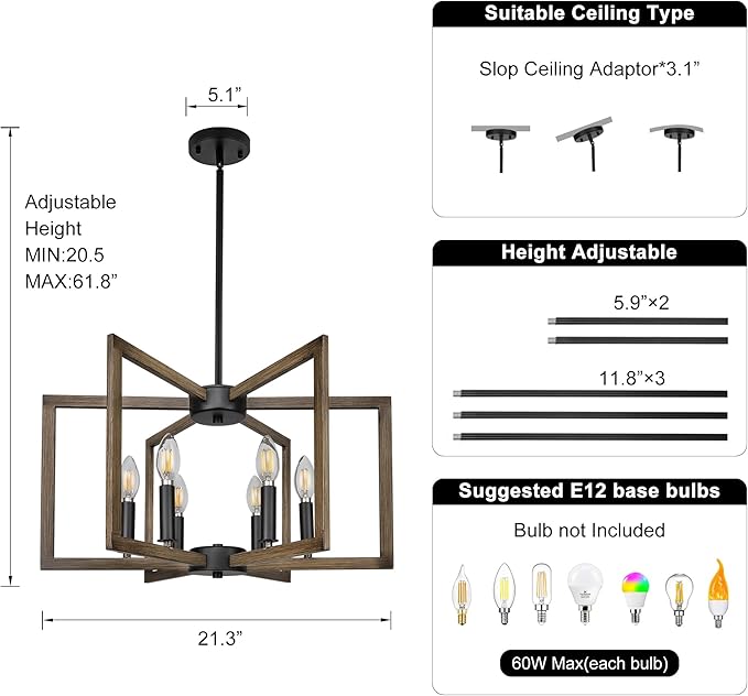 6-Light Kitchen Island Pendant Lights，Modern Farmhouse Kitchen Ideas Light Fixture，Industrial Hanging Chandelier for Dining Room，Wood Grain Finish and Black Chandelier for Foyer