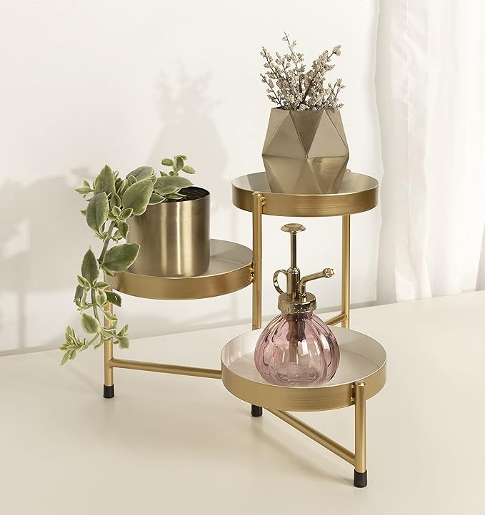 Kate and Laurel Finn 3-Tiered Plant Stand; 7.25 x 7.25 x 10; White and Gold; Decorative Layered Tabletop Plant Stand for Display and Storage