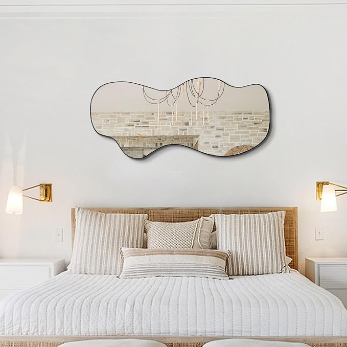 POZINO Irregular Wall Mirror, Asymmetrical Mirrors Decorative, 47.2"x21.6" Large Wavy Shaped Mirror, Modern Frameless Wall Mirrors for Living Room Bathroom Bedroom Hallway Entryway Fireplace