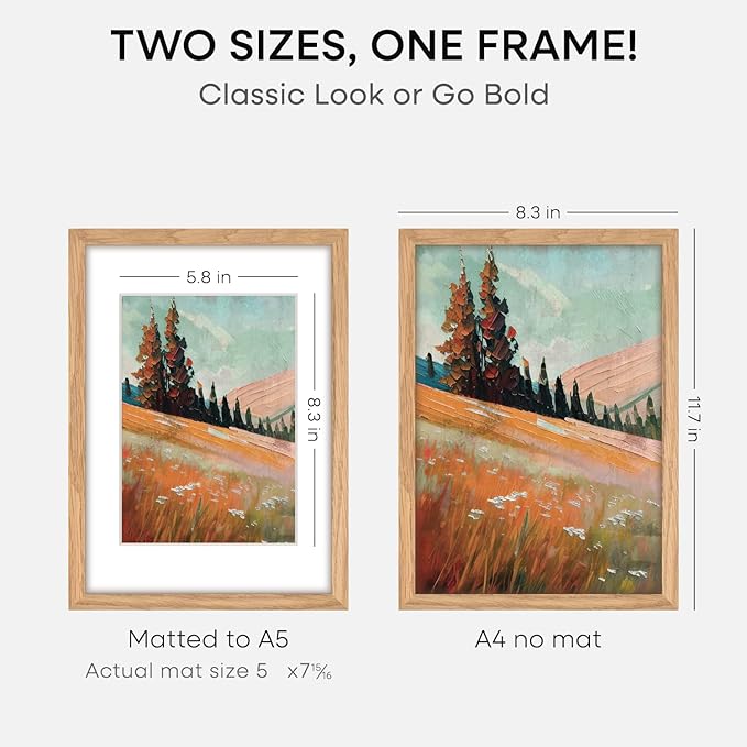 Homeforia A4 Picture Frame Wood, High-End Natural Oak 8.3 x 11.7 Wooden Poster Frames Matted to 5.8 by 8.3 inch Photo, A4 Size Light Wooden Frames with Mat A5 Print, Tempered Glass, Wall Kit, Set of 1