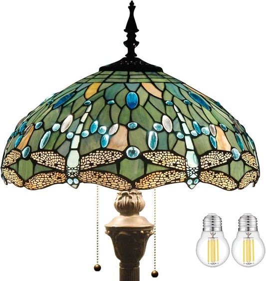 WERFACTORY Tiffany Floor Lamp Sea Blue Stained Glass Dragonfly Standing Reading Light 16X16X64 Inches Antique Pole Corner Lamp Decor Bedroom Living Room Home Office S147 Series