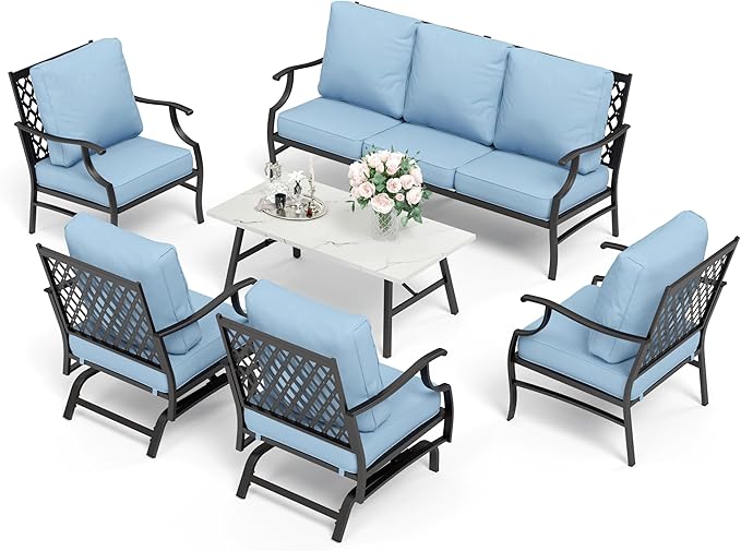 HERA'S HOUSE 6 Piece Patio Furniture Set, 2 x Rocking Chair, 2 x Fixed Chair, 1 x 3-Seat Sofa with Marbling Coffee Table, All Weather Outdoor Conversation Set for Lawn Garden Backyard, Blue