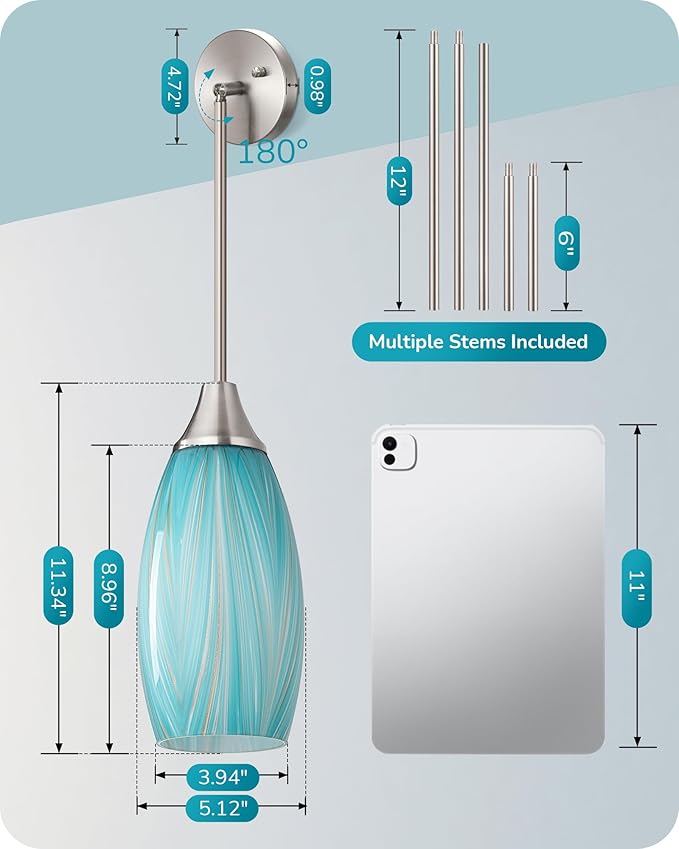 EDISHINE Pendant Lights Kitchen Island, Blue Handcrafted Art Glass Hanging Light, Blown Glass Pendant Light Fixtures Teal with Gold, Adjustable Brushed Nickel Rods, Hardwired Over Island Bar E26