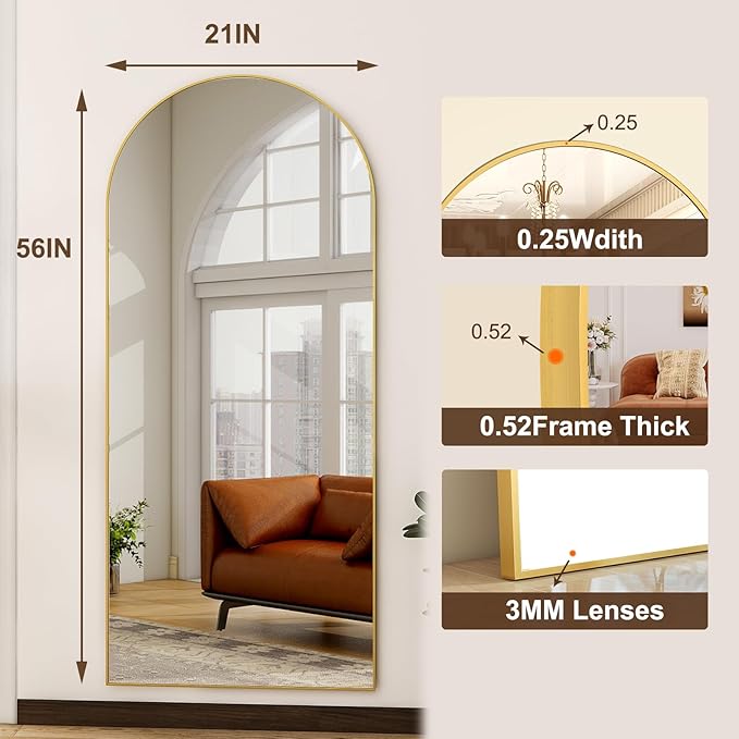 HARRITPURE 56"x21"Full Length Mirror Arch Floor Mirrors with Aluminum Alloy Frame Free-Standing Wall Mounted or Leaning Large Bedroom Dressing Mirror Modern & Contemporary Decor for Home,Gold