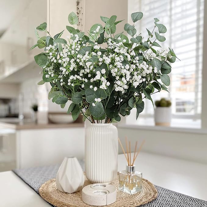 5pcs Eucalyptus Stems & 6pcs Babys Breath Artificial Flowers Faux Greenery Bouquets for Wedding Table Centerpiece Home Decor