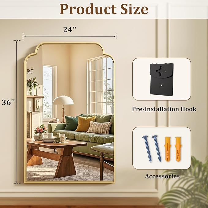 24" x 36" Gold Arch Bathroom Mirror, Wall Mounted Vanity Mirror with Metal Frame, Modern Scalloped Wall Mirror for Sink, Bedroom, Living Room, Entry, Farmhouse Home