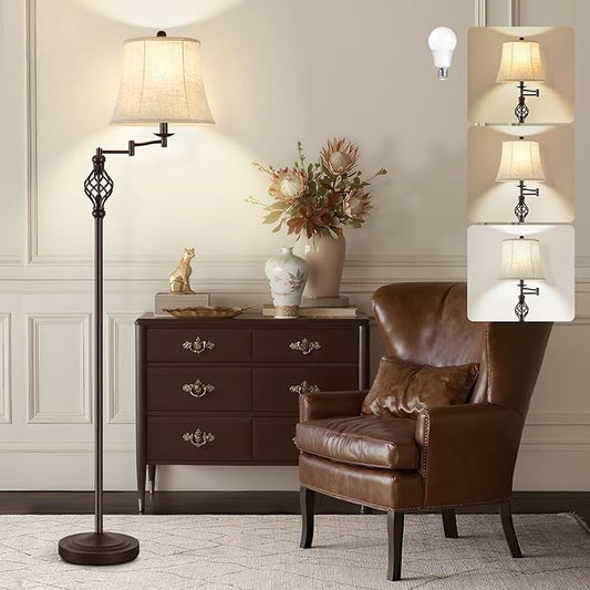 GyroVu 3 Color Temperature Floor lamp, Traditional 350° Adjustable Swing Arm Floor Lamp Vintage Pole lamp Farmhouse Lamp for Living Rooms, Rustic Standing Lamp for Bedroom Reading(Red Brown)