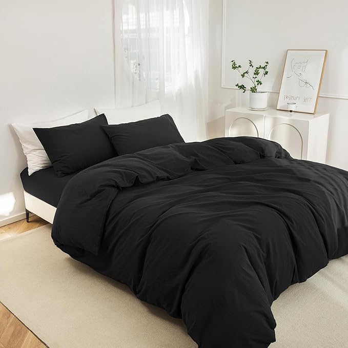 JIYUAN 100% Washed Cotton Duvet Cover Set 3 Pieces Full, 1 Duvet Cover 80x90 Inches(Comforter Not Included) and 2 Pillowcases,Linen Feel Bedding Set Comfy and Breathable,Black