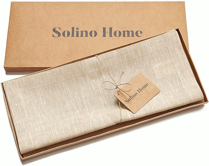 Solino Home Linen Table Runner 60 Inches - 100% Pure Linen Champagne Beige Table Runner 14 x 60 Inch Ideal for Dresser and Coffee Tables - Fall, Autumn, Thanksgiving, Christmas - Athena