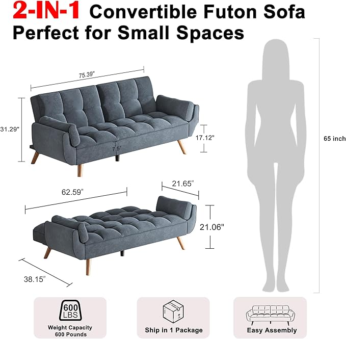 Futon Couch for Small Spaces & Apartment, 2-in-1Modern Comfy Loveseat Convertible Sofa Bed, 75.4-Inch Compact Design for Living Room, Dorms, and Studios-Dark Grey