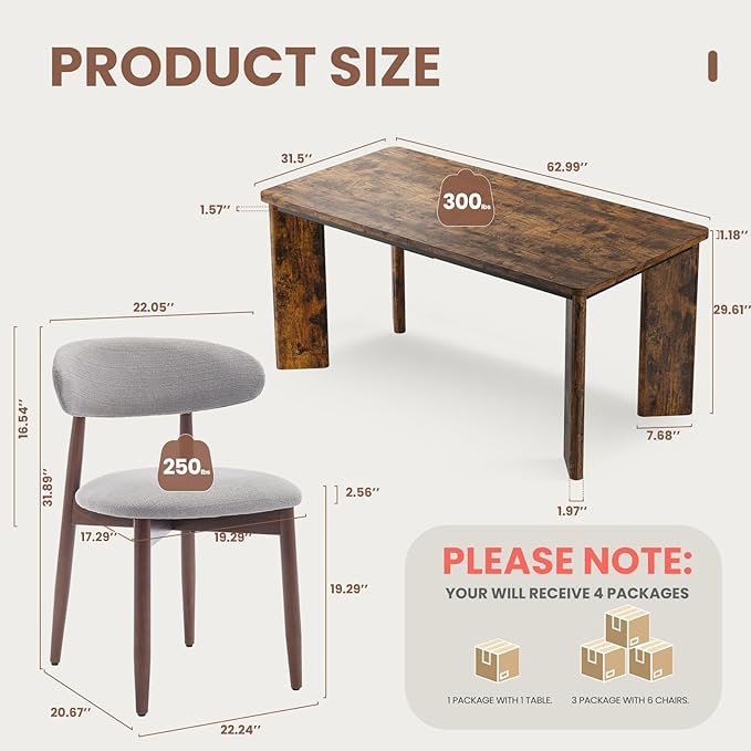 7-Piece Rectangular Dining Table Set for 6, 63" Industrial Kitchen Table with 6 Wooden Upholstered Dinner Chairs for Dining Room, Kitchen, Living Room, Brown+Light Gray