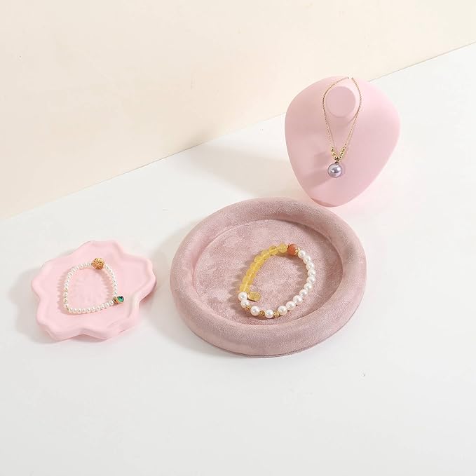 GemeShou Round Jewelry Organizer plate, Top Microfiber velvet Jewerly display tray, Empty Jewelry showcase tray for Necklace Bracelet Ring Earring display stand holder (Pink-Small, 5.9 x 5.9 in)