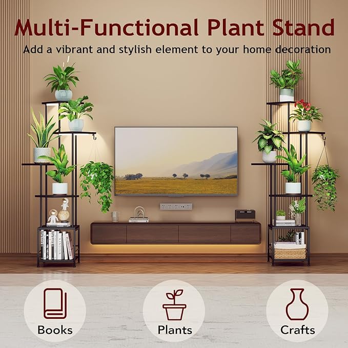 Plant Stand Indoor with Grow Light, 6-Tiered Tall Plant Stand Indoor, Metal Plant Shelf with Hanging Basket Hook and Adjustable Light, Ideal for Living Room, Garden, Patio, Black