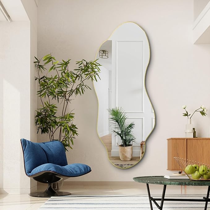 Large Irregular Mirror, 63"x27.2" Asymmetrical Wall Mirrors, Wavy Shaped Mirror Full Length, Modern Unique Mirrors for Living Room Bathroom Bedroom Hallway Entryway Fireplace