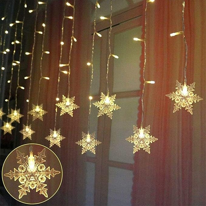 String Lights LED Curtain Light, 96 LED Fairy Hanging String Lights Waterproof Christmas Snowflake Lights with Wireless Control for Outside Indoor Bedroom Party Fence Patio - Warm White