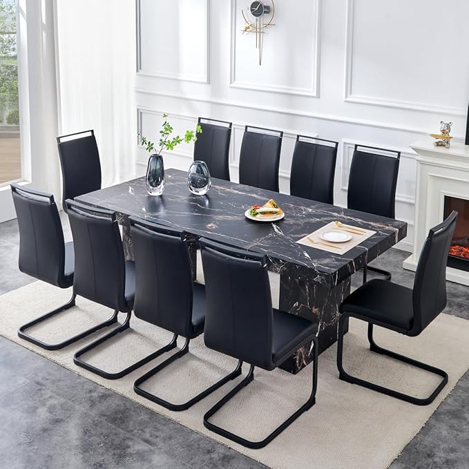 79" Marble Dining Table Set｜Modern Dining Table Set with 10 Faux Leather Chairs｜Engineered Wood with Marble Pattern Tabletop｜Widened and Stable Tablelegs｜Easy Assembly